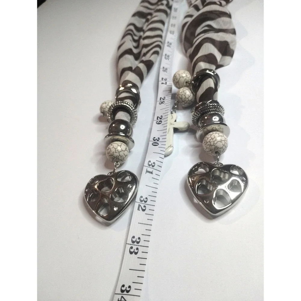 Zebra Print Scarf with Heart and Cross Jewelry Charms Brown White‎ Silver Boho